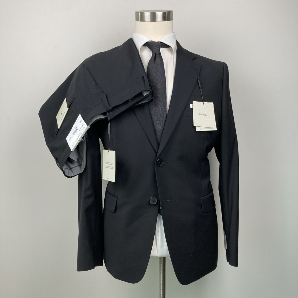 Calvin Klein Mens Skinny-fit 2-pc Suit Jacket Blazer 44S Pants 38W 30L Black